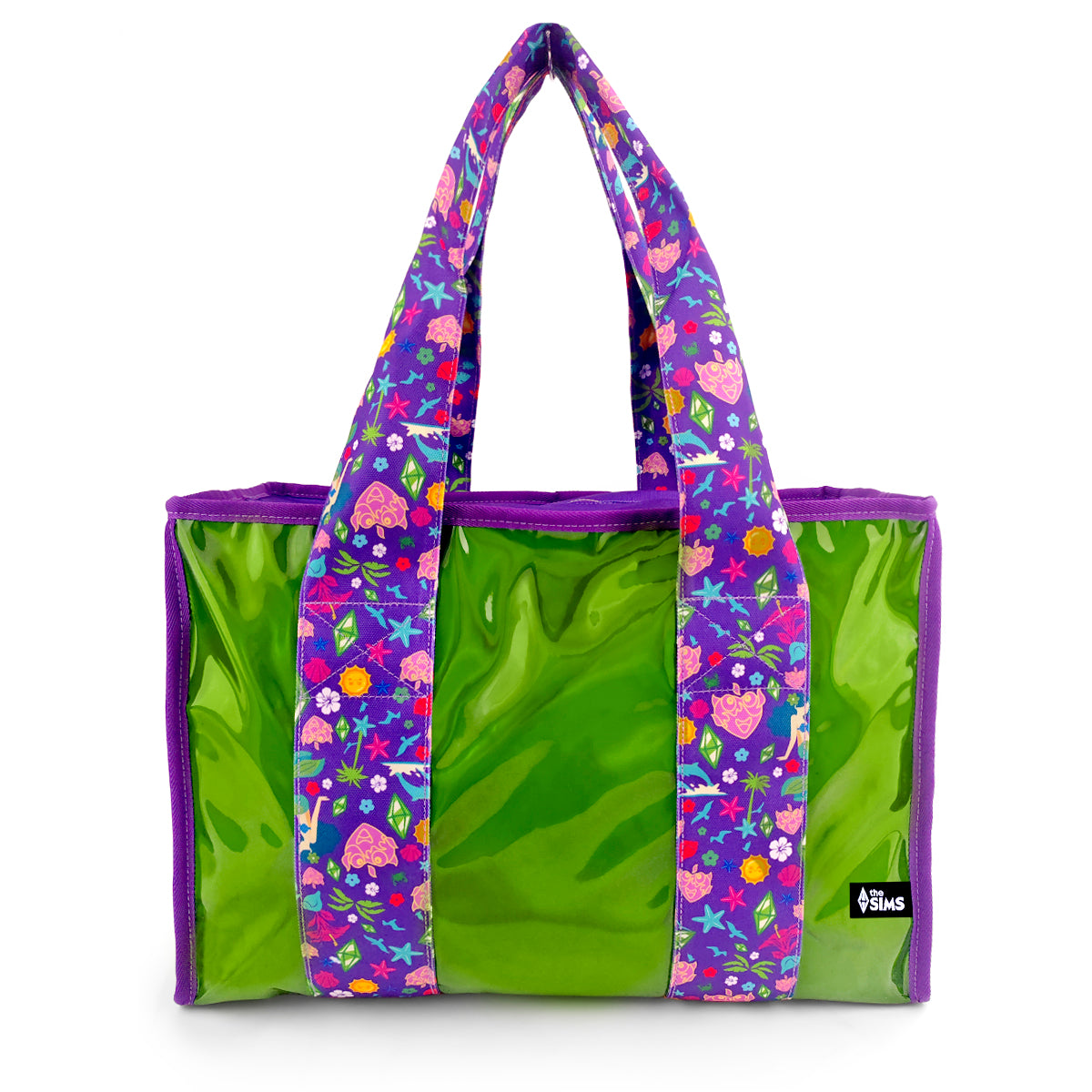 A green and purple tote bag with shiny green panels, purple trim, and floral patterned handles on a white background.