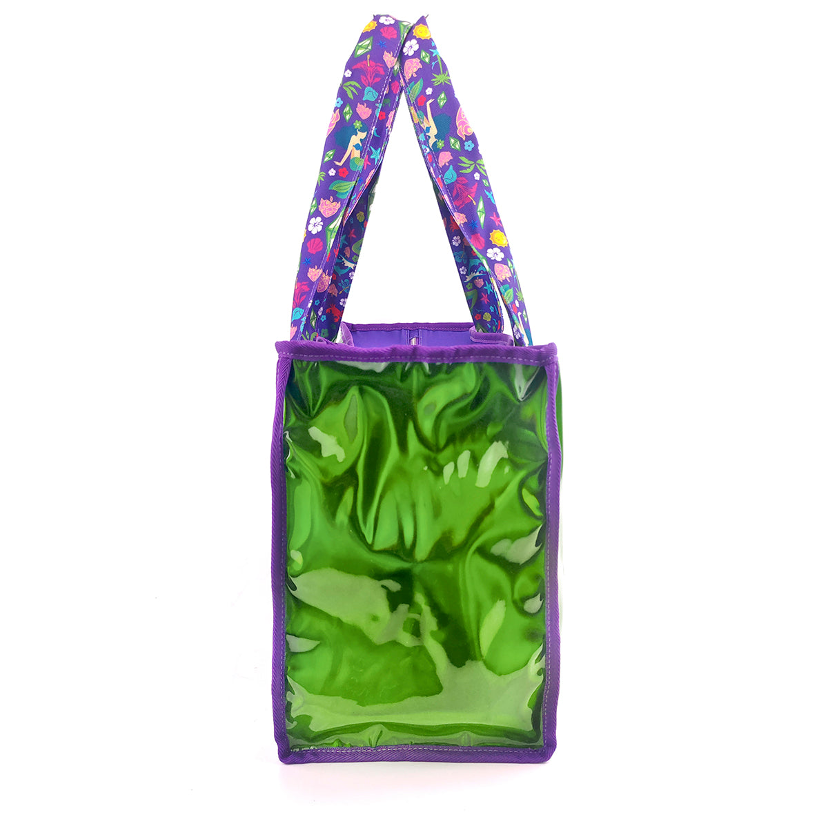 A tote bag with a shiny green front panel and purple floral handles, shown against a plain white background.