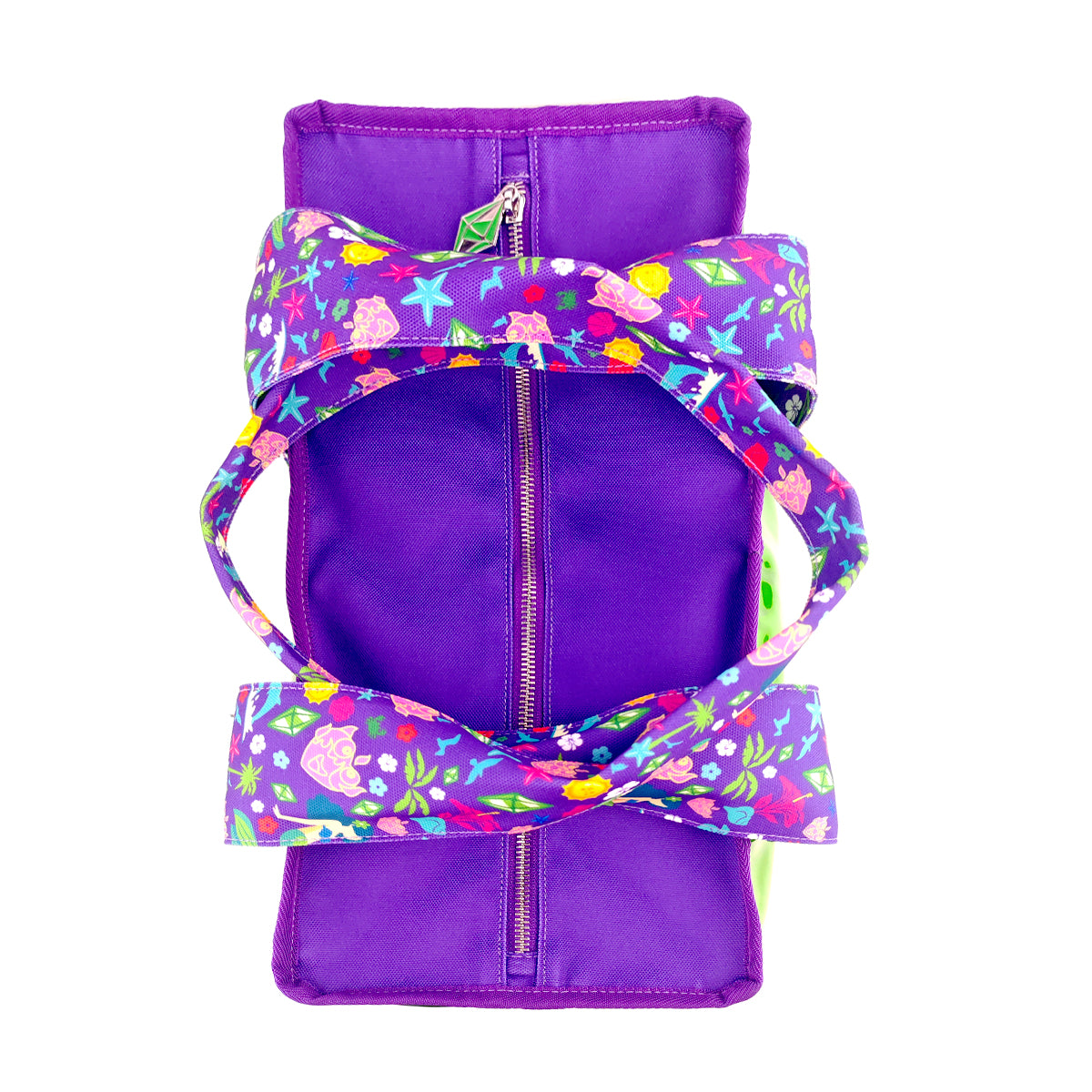 A purple zippered pouch with a colorful floral patterned strap, shown against a plain white background.