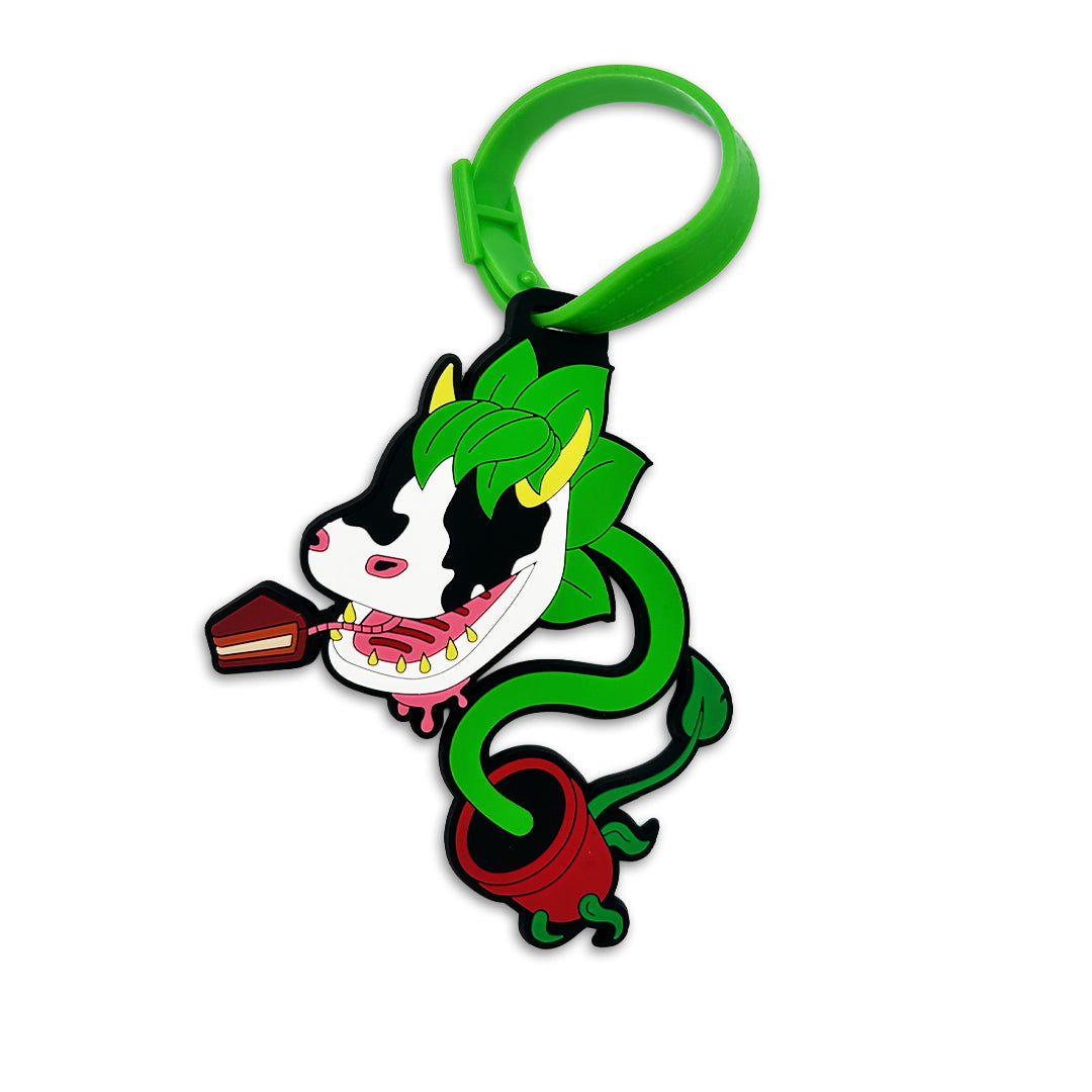 Keychain with cartoon character holding a rose on a white background