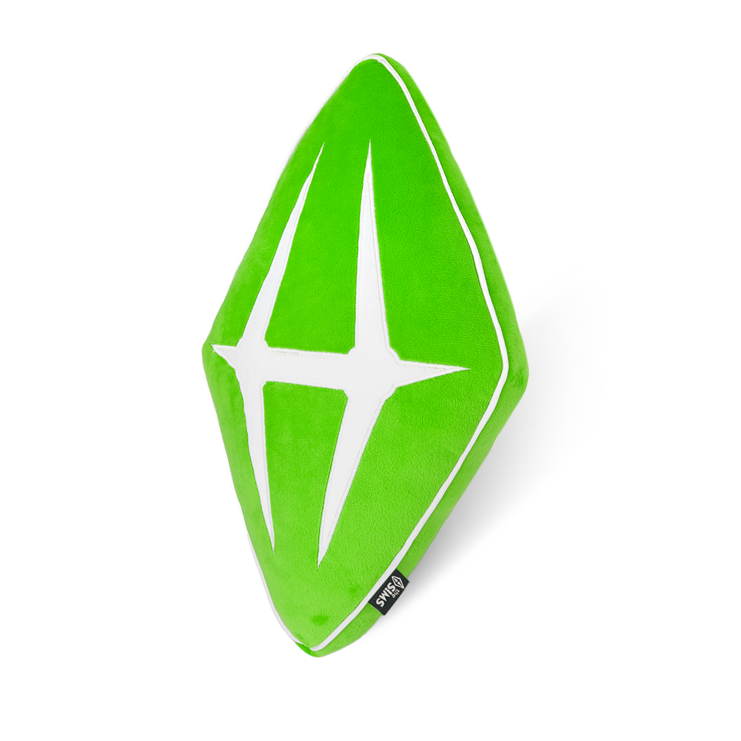 Green and white diamond-shaped object with a star design on a white background