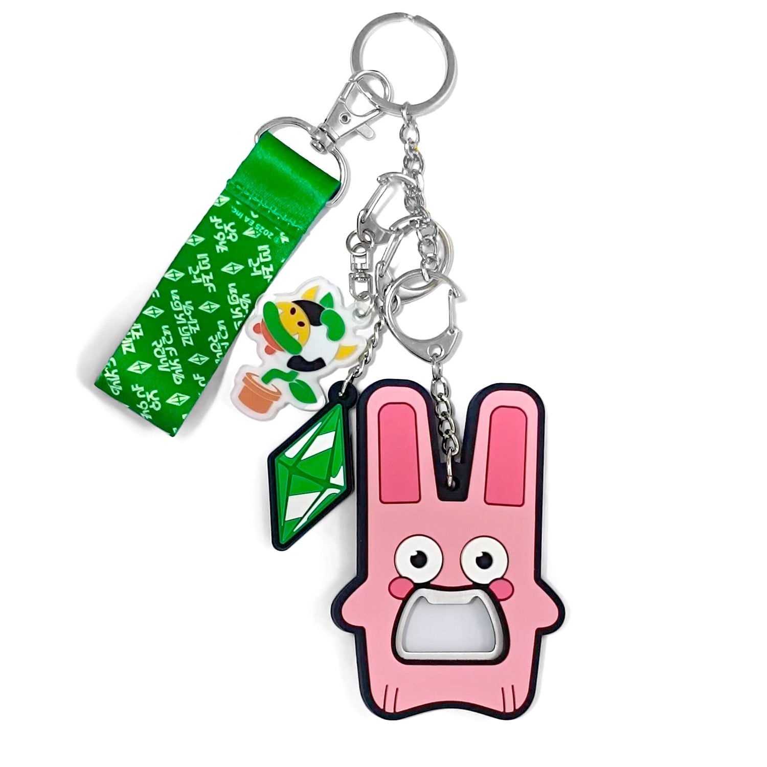 Keychain with pink character, green strap, and silver clip on a white background