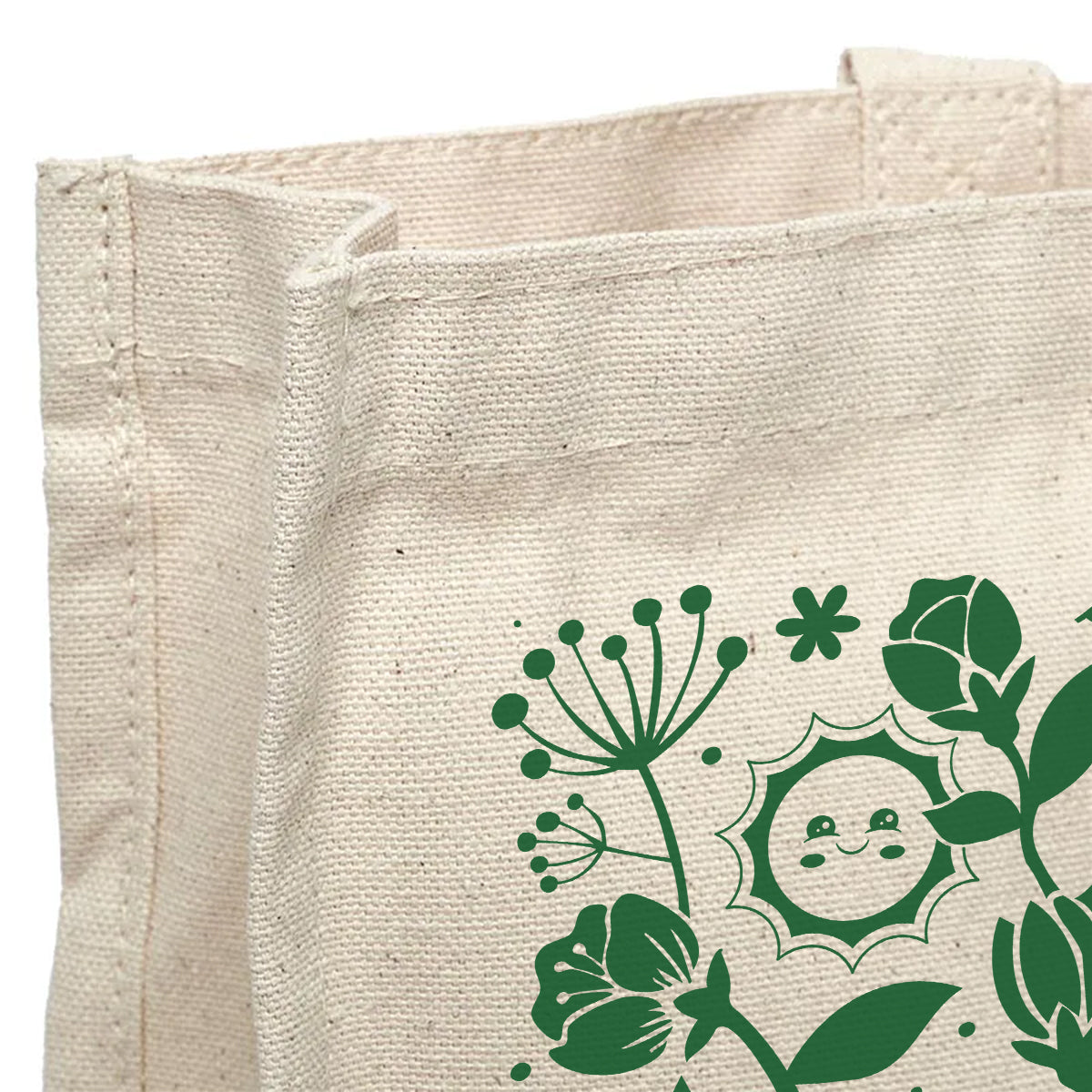 Close-up of a beige fabric bag with green floral patterns on a white background