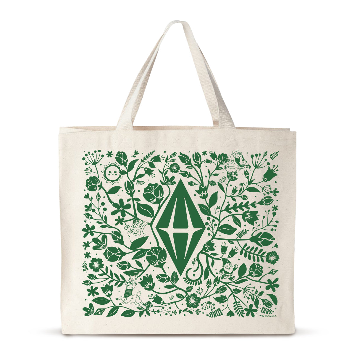 Beige tote bag with green floral pattern and geometric design on a white background