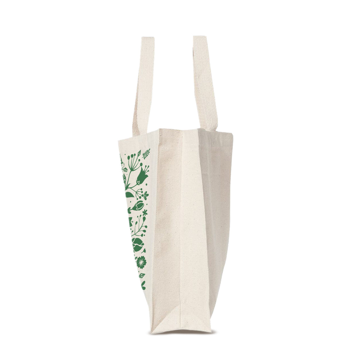 Beige tote bag with green floral pattern on a white background