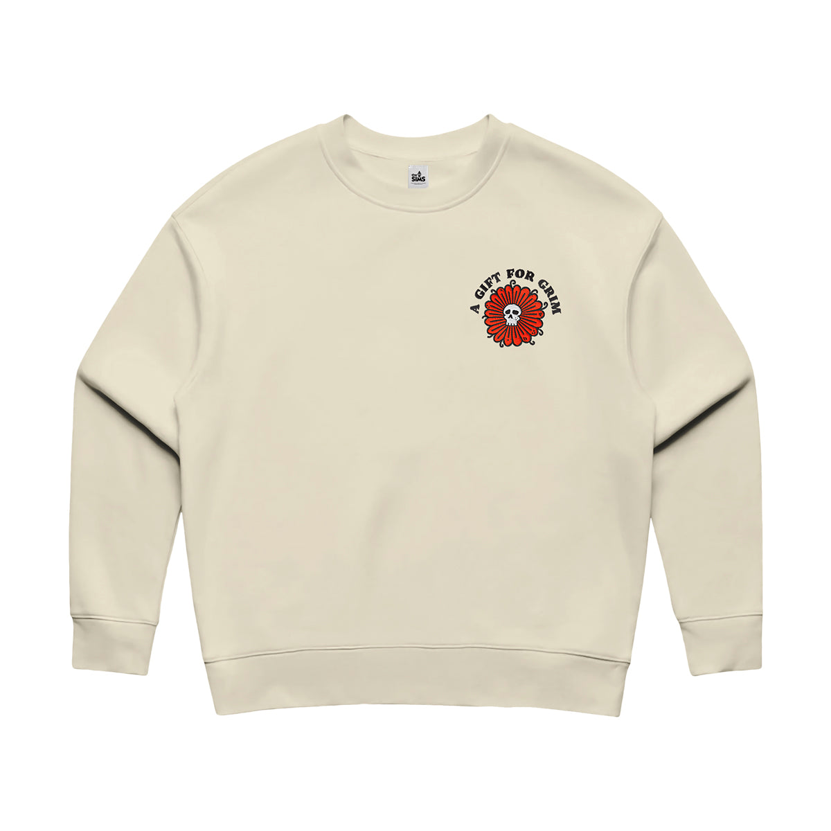 A cream-colored crewneck sweatshirt with a small red and black graphic on the left chest featuring a skull and the text 'A GIFT FOR GIFT'.