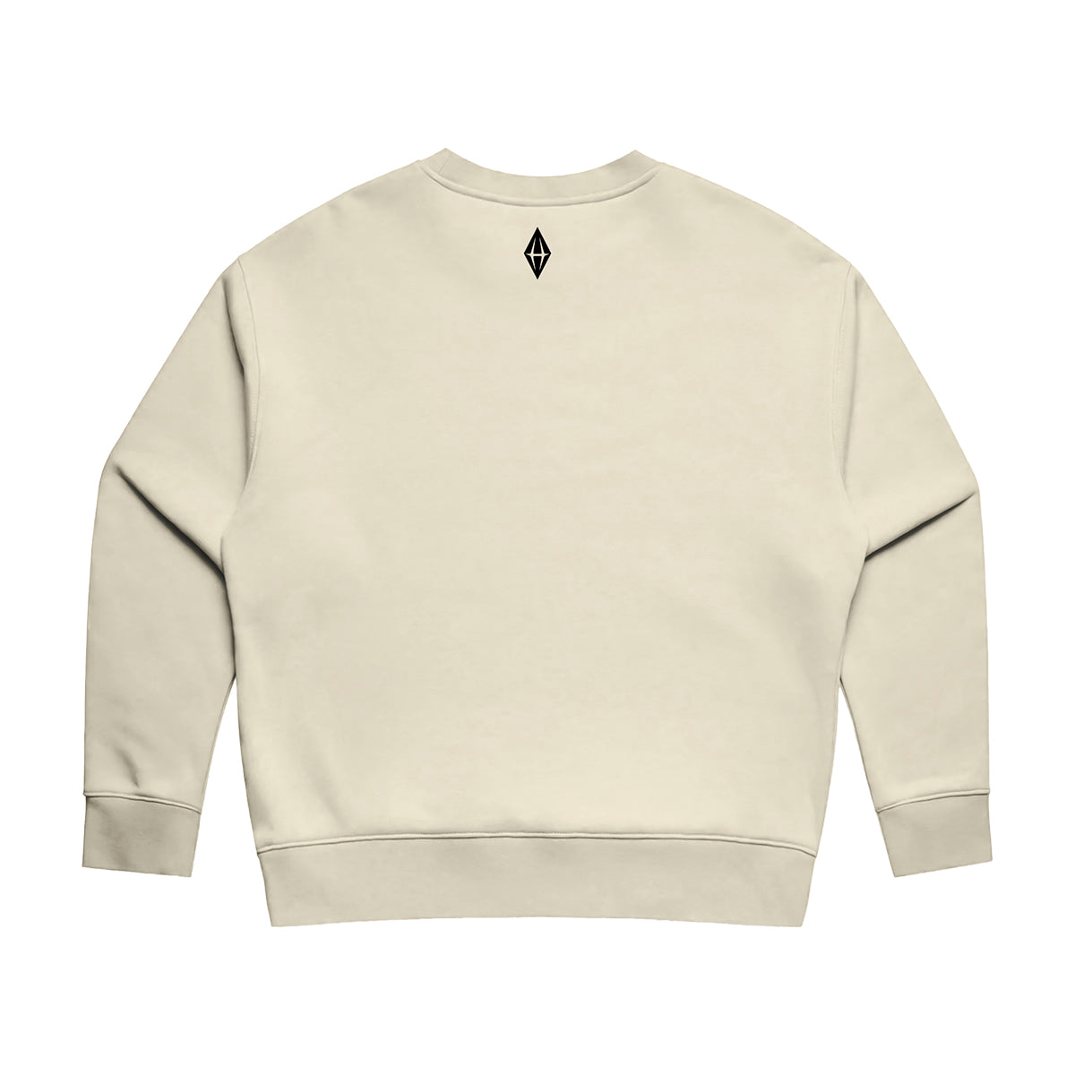 A cream-colored crewneck sweatshirt shown from the back, featuring a small black diamond-shaped logo centered below the neckline. The sweatshirt has ribbed cuffs, a ribbed hem, and is photographed against a solid white background.