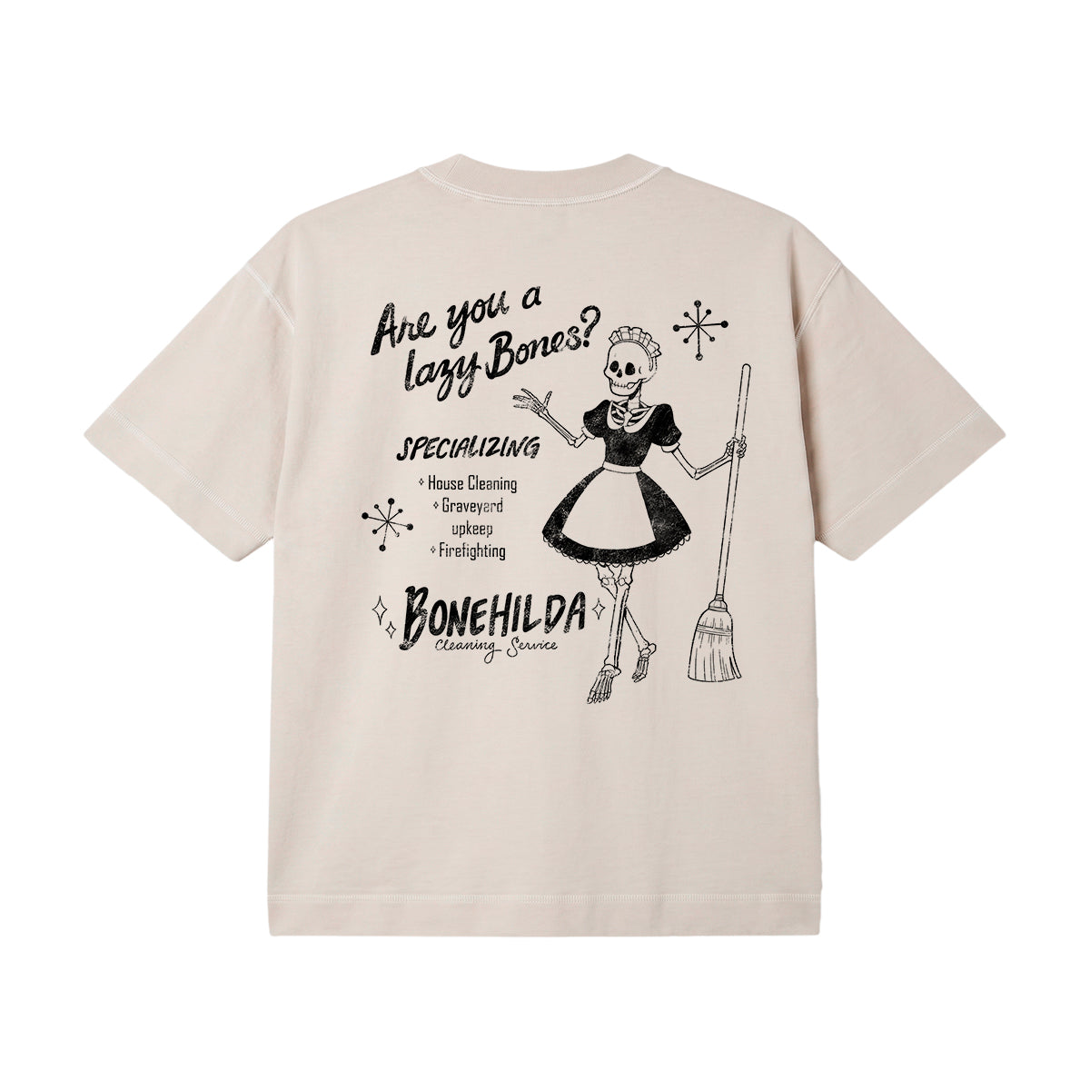 A beige short-sleeve t-shirt shown from the back, featuring a black graphic print of a skeleton maid holding a broom with the text 'Are you a lazy Bones?'.
