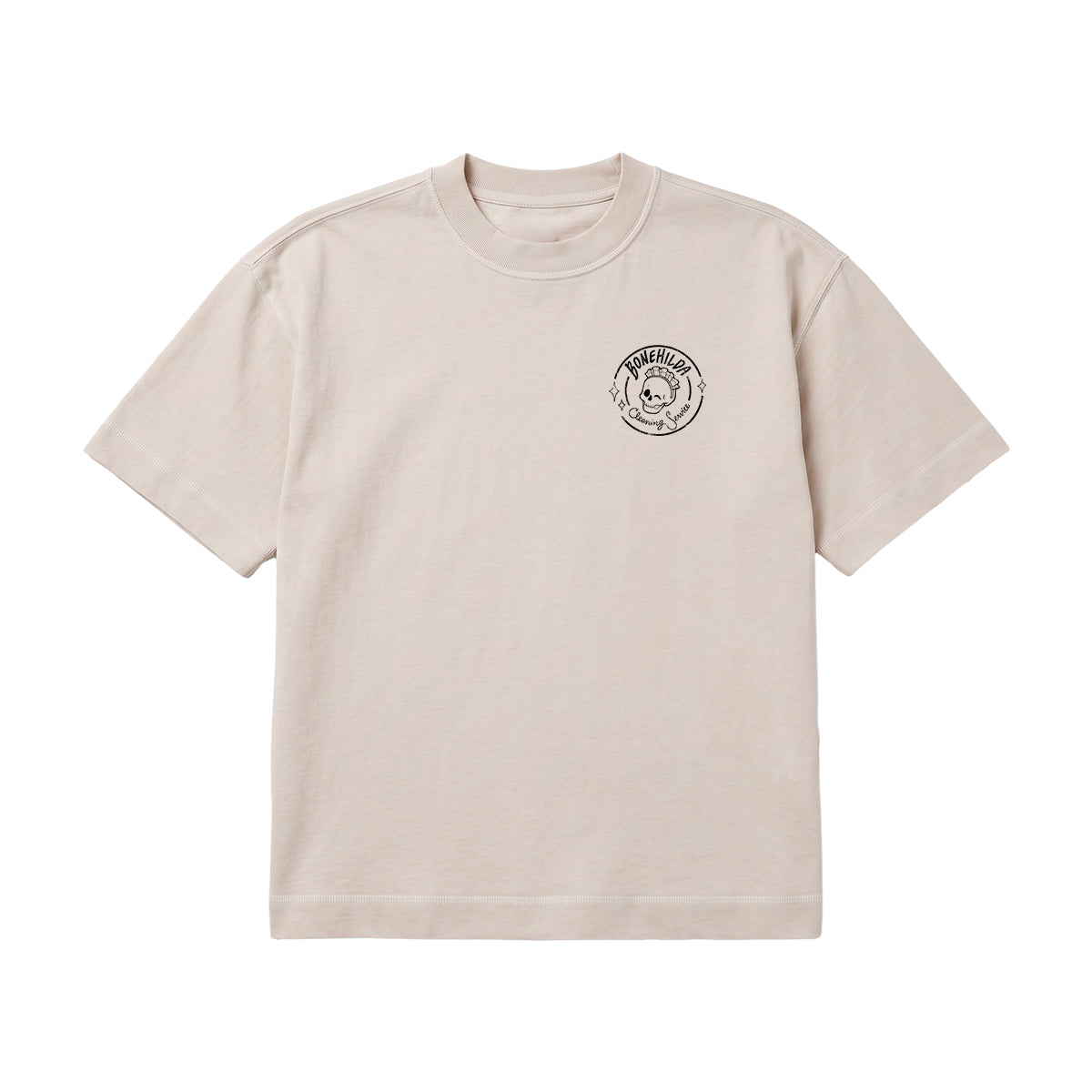 Black t-shirt with a white logo on a white background
