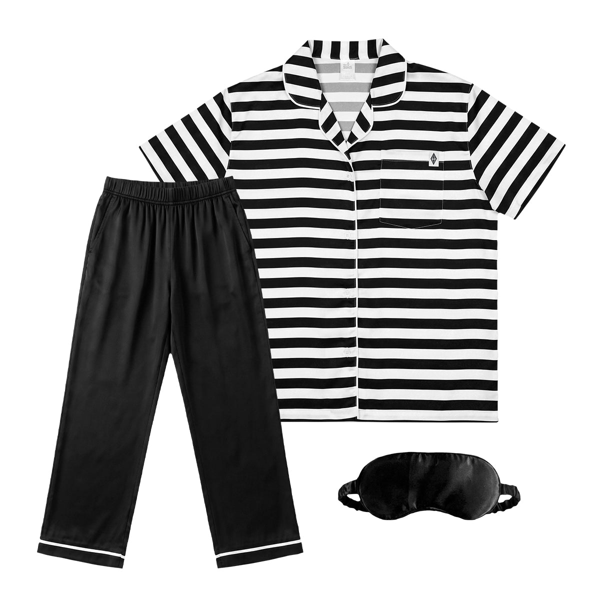 A three-piece men's pajama set featuring a black and white horizontally striped short-sleeve button-up shirt, solid black pajama pants with white piping on the cuffs, and a matching black satin sleep mask, displayed on a clean white background.