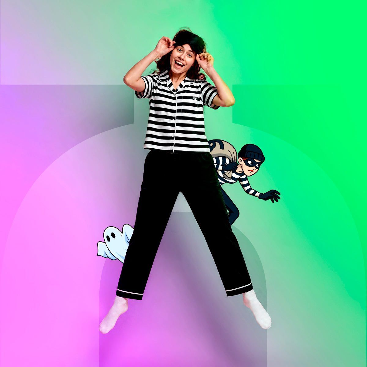 A woman wearing a black and white striped short-sleeve shirt and black pants with white socks jumps against a colorful gradient background with cartoon graphics of a ghost and a burglar.
