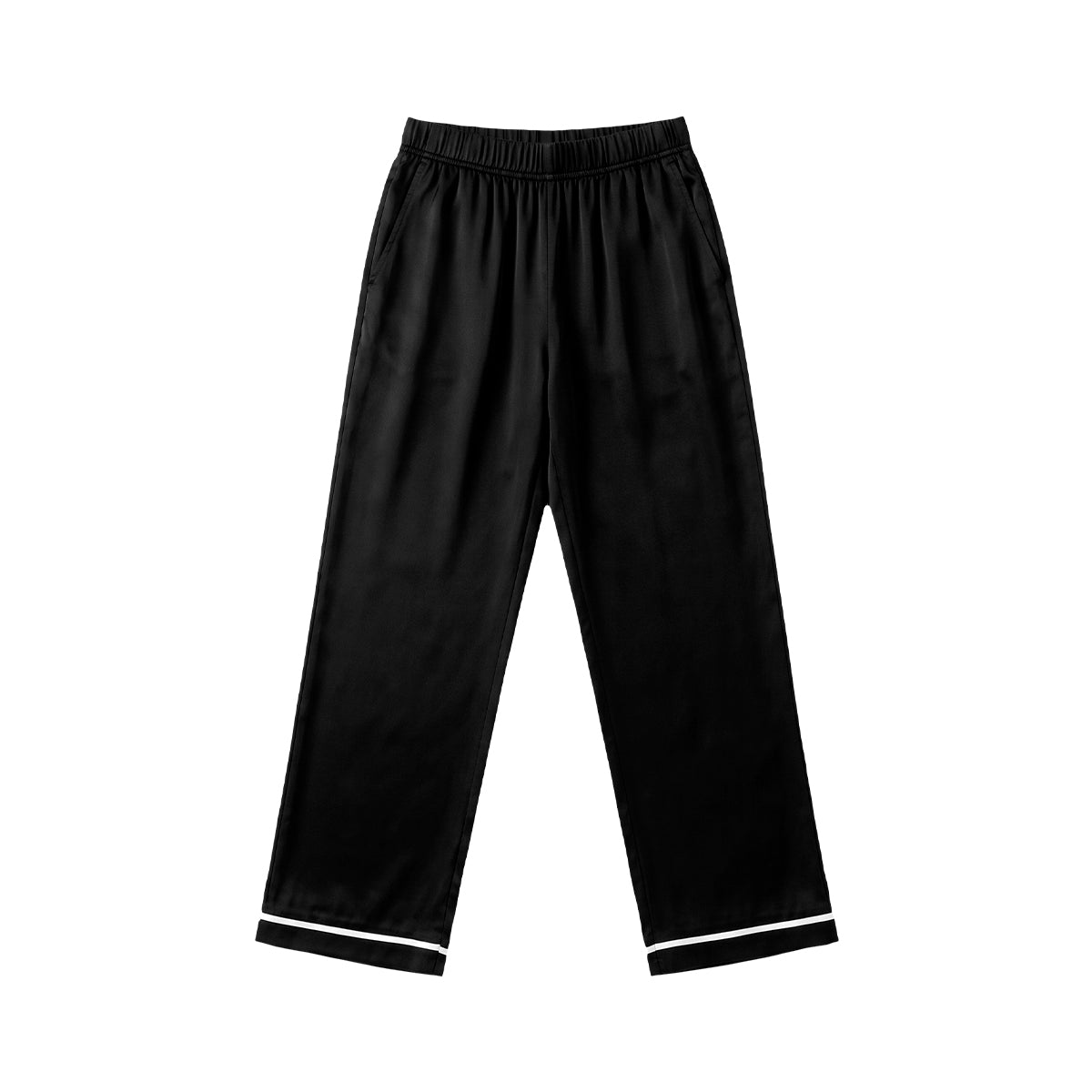 Black wide-leg lounge pants with an elastic waistband and white piping trim along the hem, shown flat on a white background.