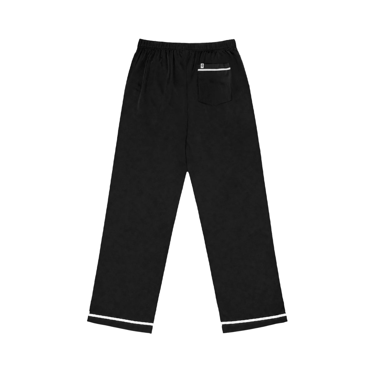 Black lounge pants with an elastic waistband, a side pocket featuring a white piping accent, and white piping trim along the cuffs, shown against a plain white background.