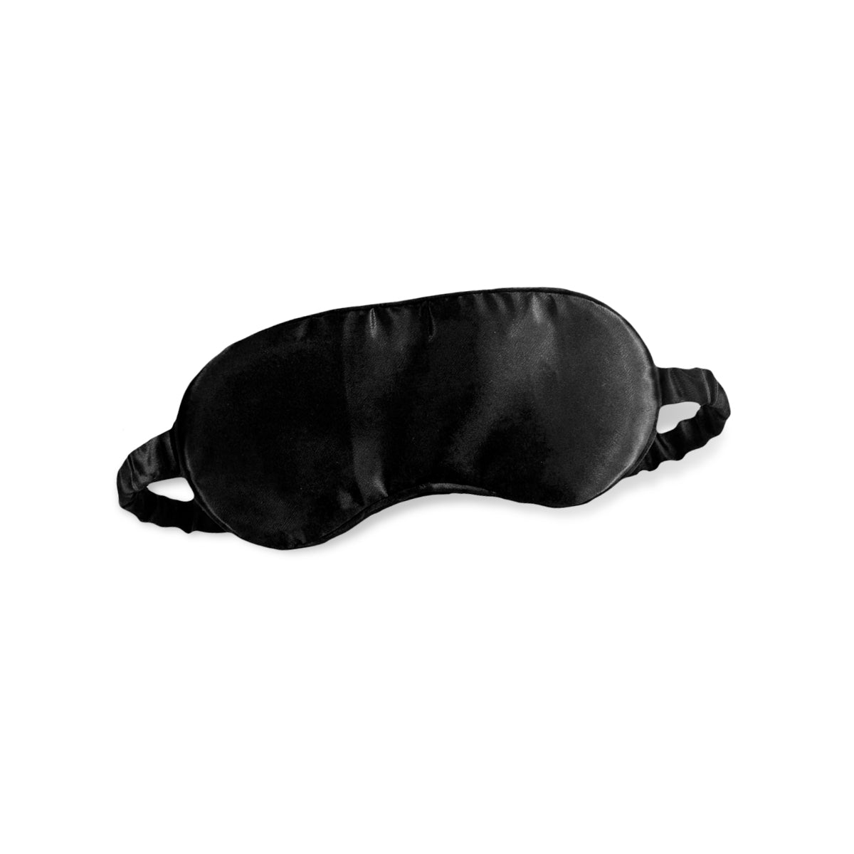A black satin sleep mask with adjustable elastic straps, shown on a plain white background.