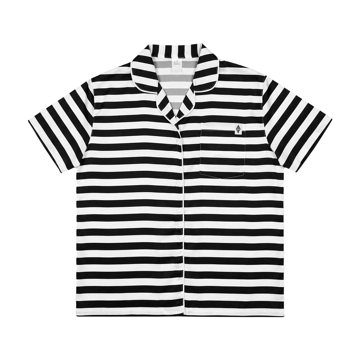 A short-sleeve button-up shirt with horizontal black and white stripes, featuring a classic collar, a chest pocket with a small embroidered logo, and a striped inner neck label.