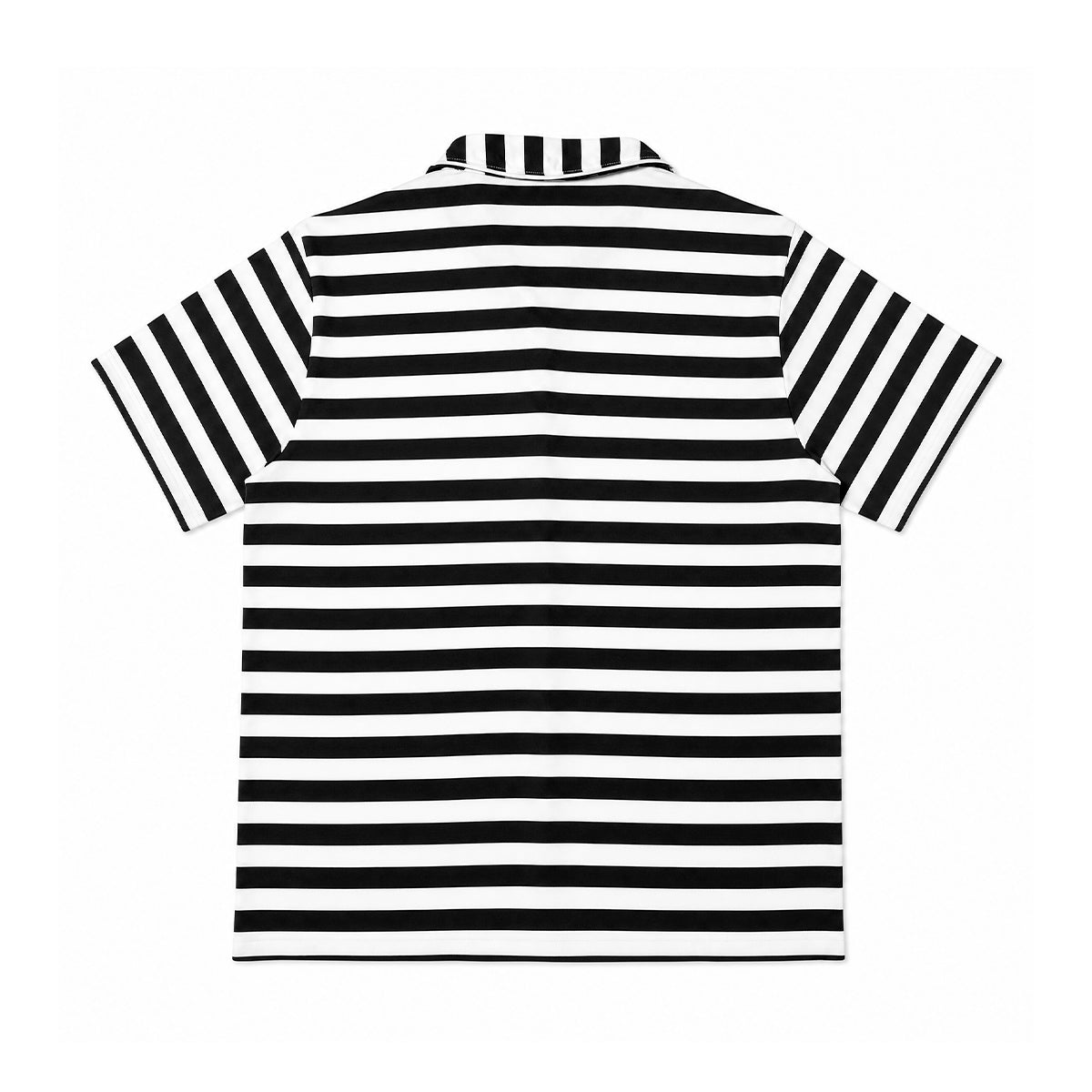 A short-sleeve polo shirt with horizontal black and white stripes, shown from the back on a solid white background.