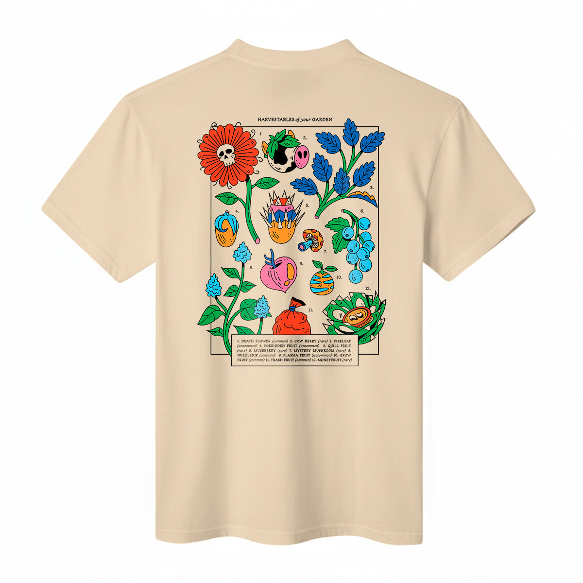 A beige short-sleeve t-shirt shown from the back, featuring a large, colorful graphic print of whimsical flowers, plants, and cartoon characters under the text 'WAFFLESTOCK & GARDEN'.