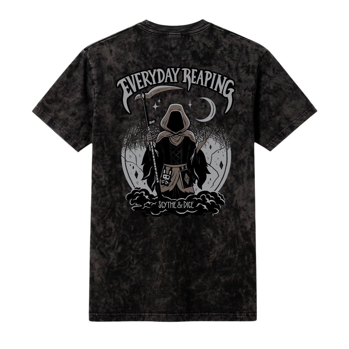 A black acid-wash t-shirt with a gothic graphic of a hooded grim reaper holding a scythe, featuring the text 'EVERYDAY REAPING' and 'SOFTIE & DAZE' on a white background.