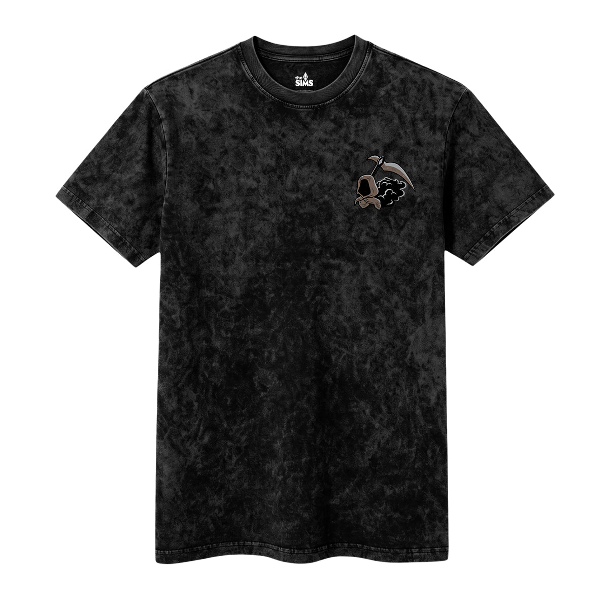 A black acid-wash short-sleeve t-shirt with a small graphic of a skull wearing a helmet on the left chest, displayed on a solid white background.