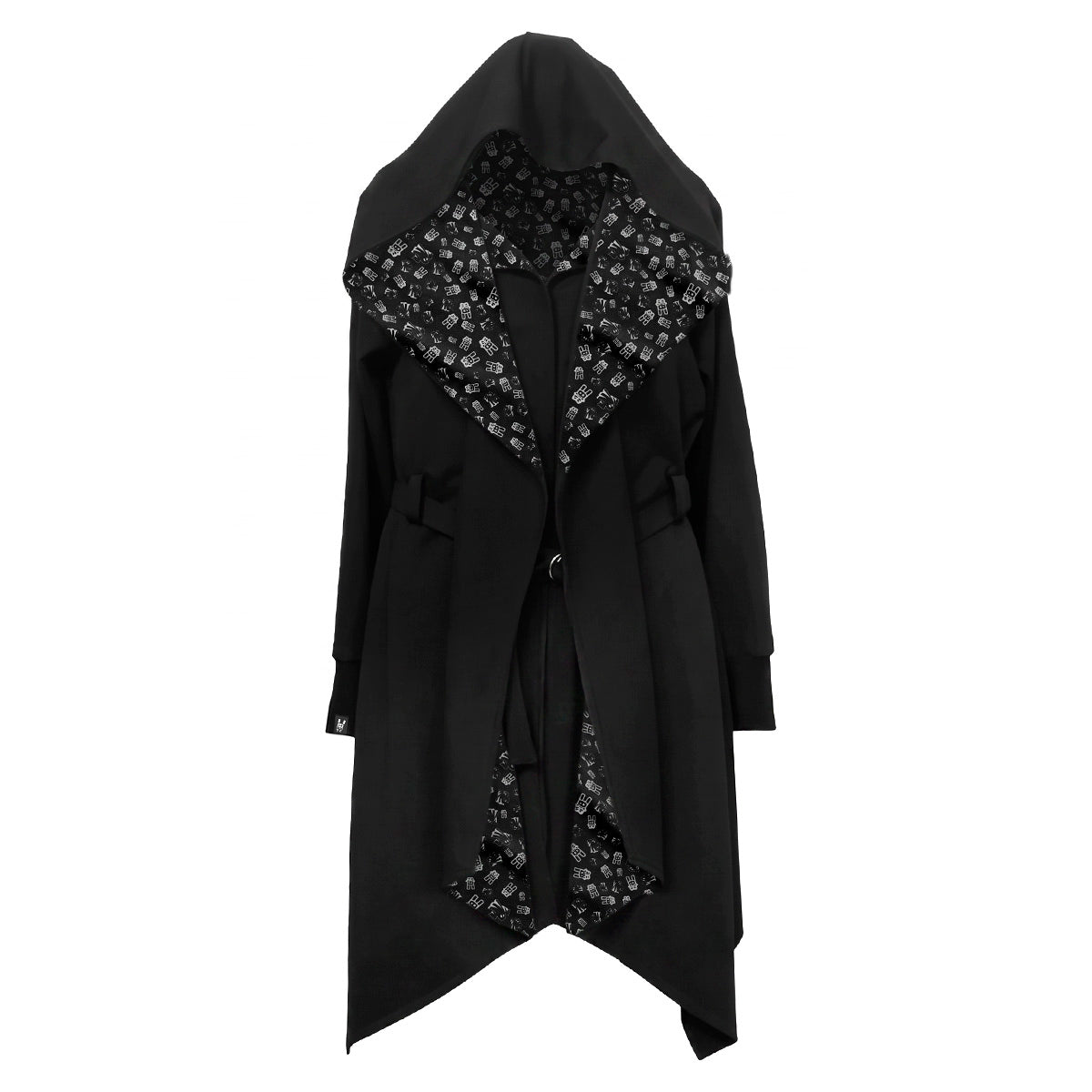 A long black hooded coat with a large asymmetrical collar and waist tie, featuring a black and white floral patterned lining visible inside the collar and hood.