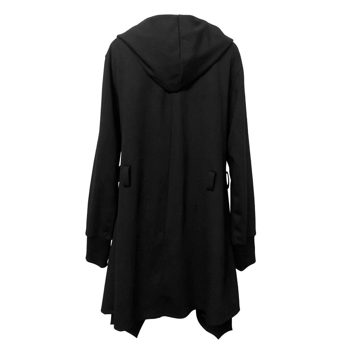 A black longline hooded coat with a high-low asymmetrical hem, shown from the back against a plain white background.