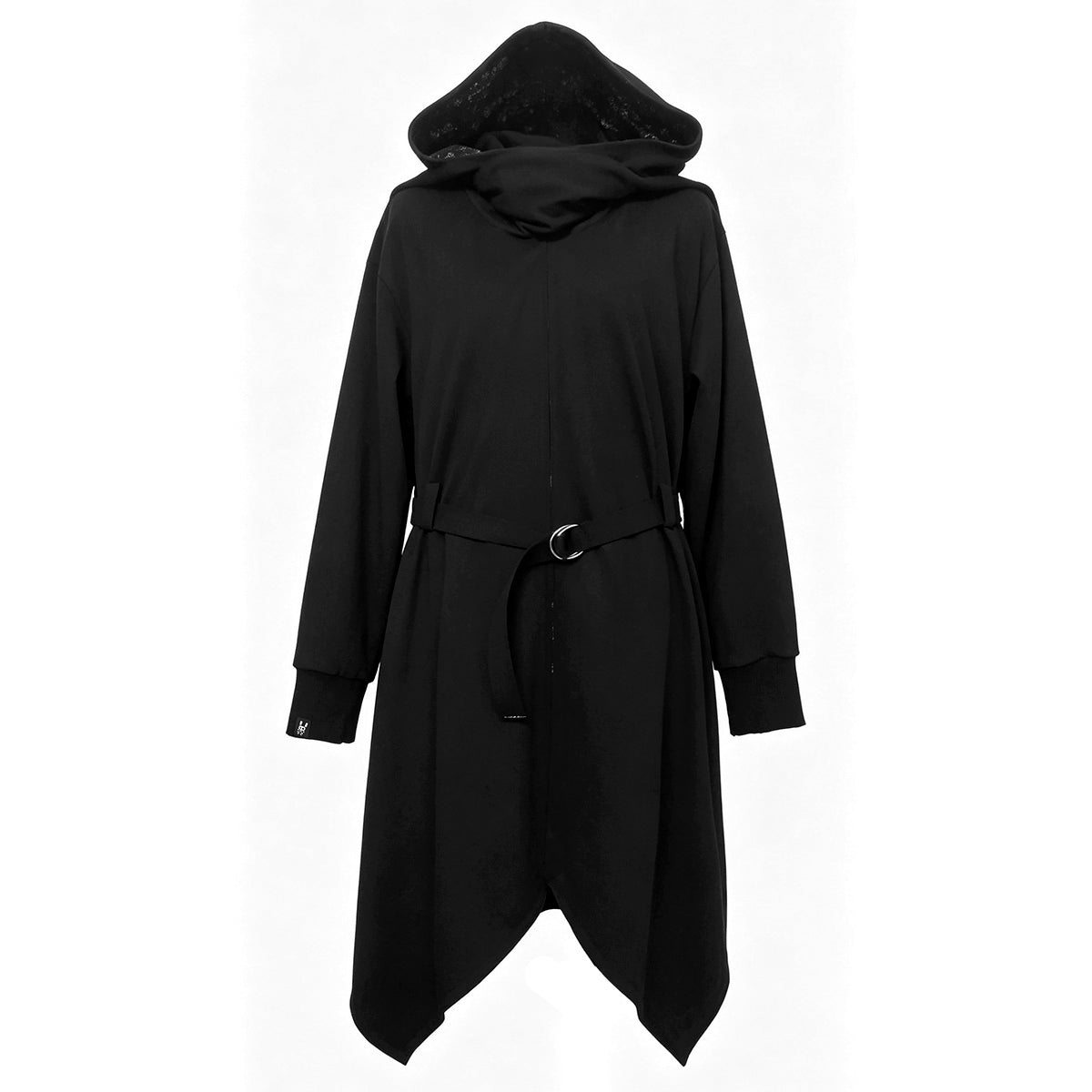 A black hooded long coat with a matching waist tie and silver buckle, displayed on a white background.
