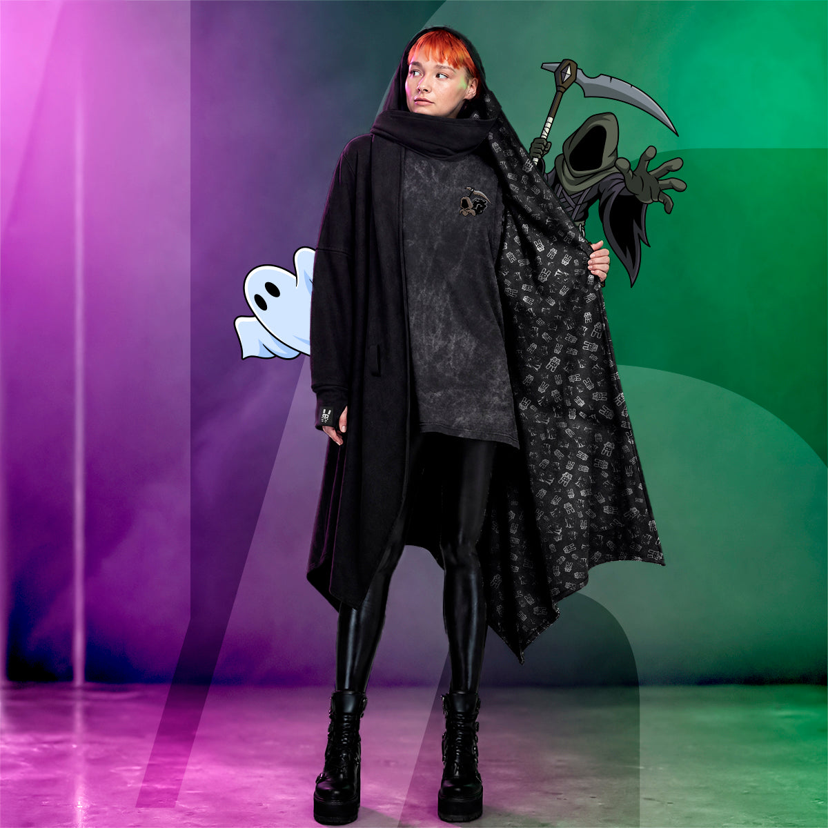A model wearing a long black hooded coat with a dark patterned lining, black leather pants, and black boots, holding a grim reaper prop against a purple and green graphic background.