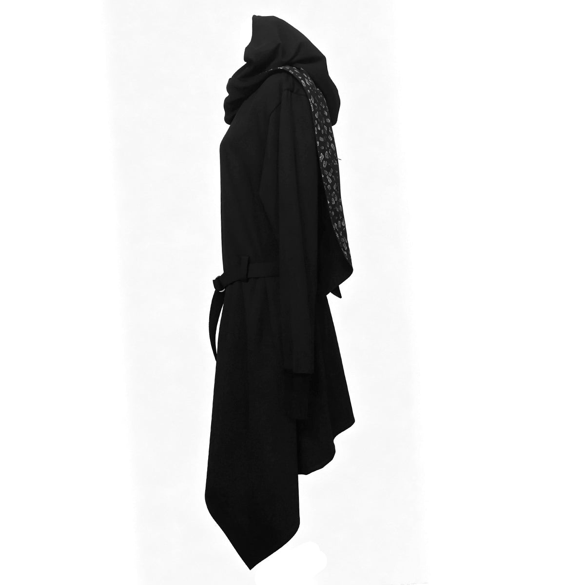 A black hooded long coat with a tie belt and a patterned black-and-white scarf draped over the shoulder, shown on a white mannequin against a white background.