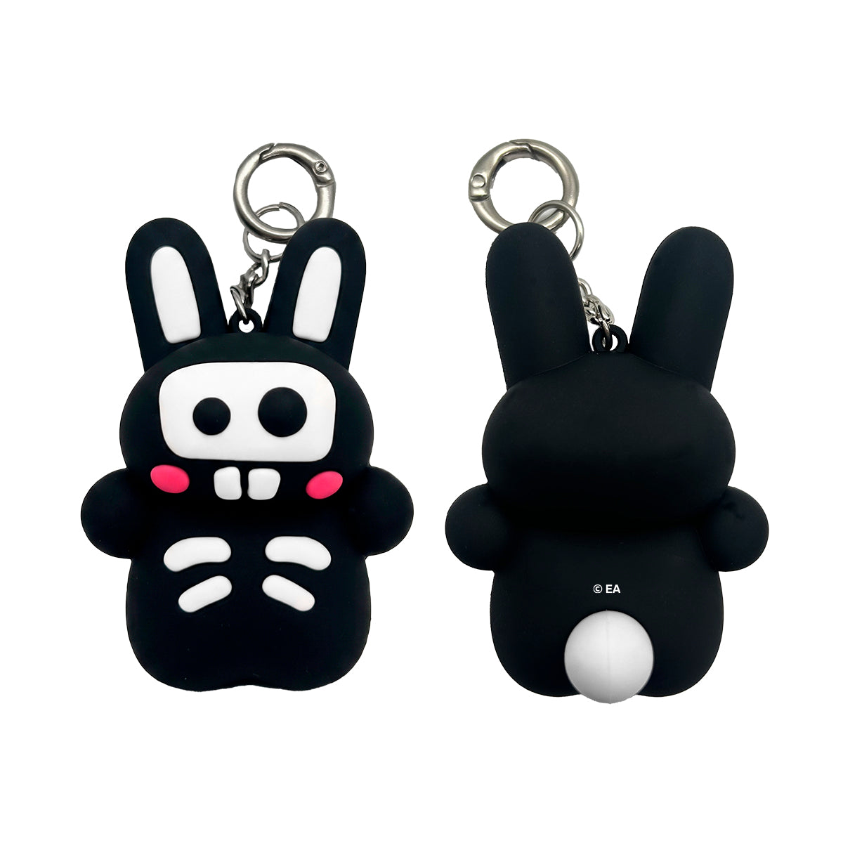 Two views of a black bunny-shaped keychain with a silver split ring, showing the front and back. The front features a white face and body with pink cheeks and white teeth details, while the back is solid black with a small white circular detail at the bottom.