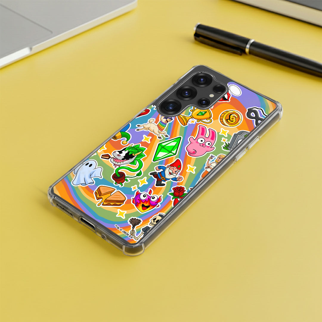 Phone case with colorful cartoon character design on a yellow surface