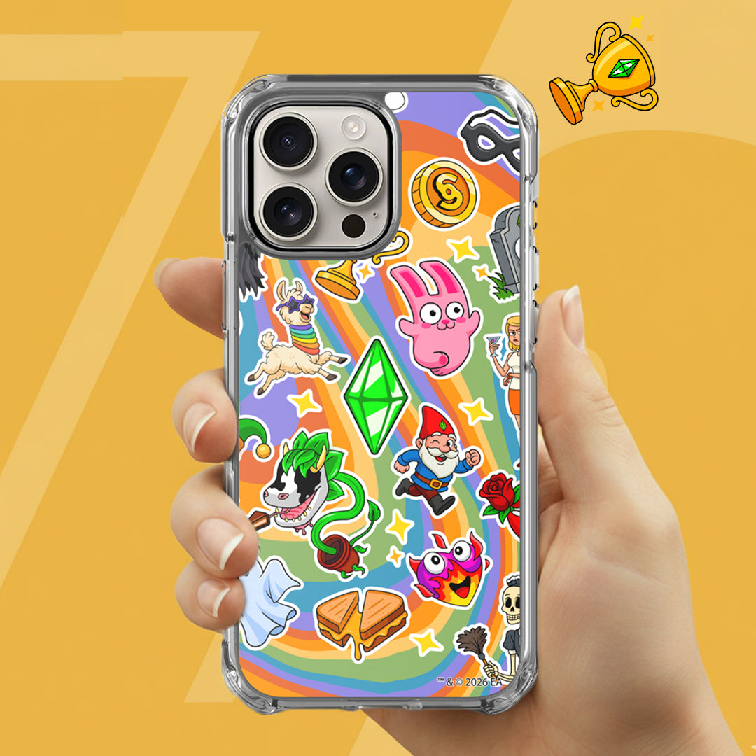 Phone case with colorful cartoon designs held by a hand on a yellow background