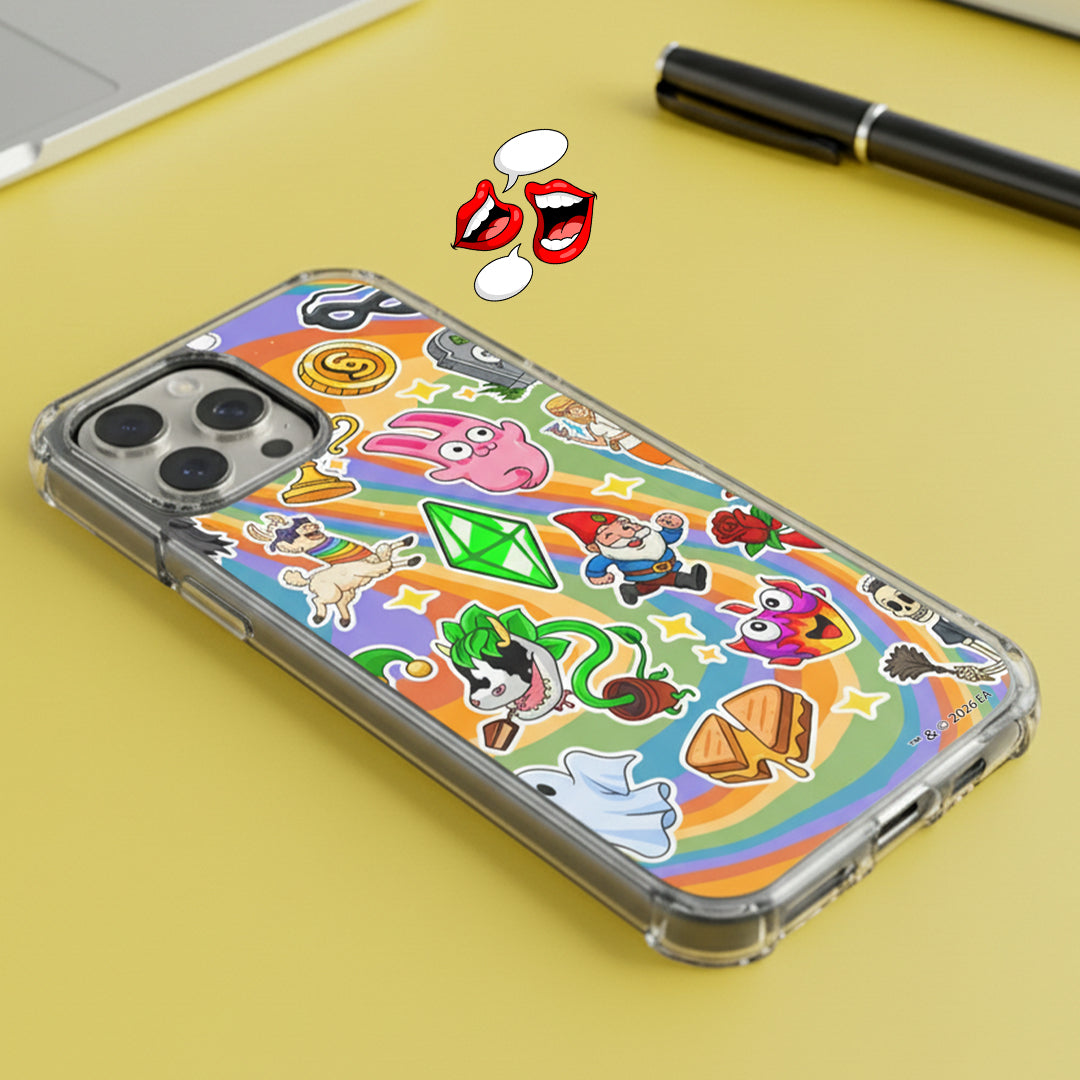 Phone case with colorful cartoon designs on a yellow surface