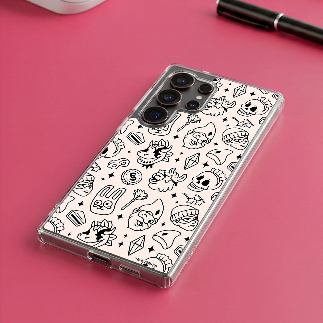 Phone case with black and white doodle design on a pink surface