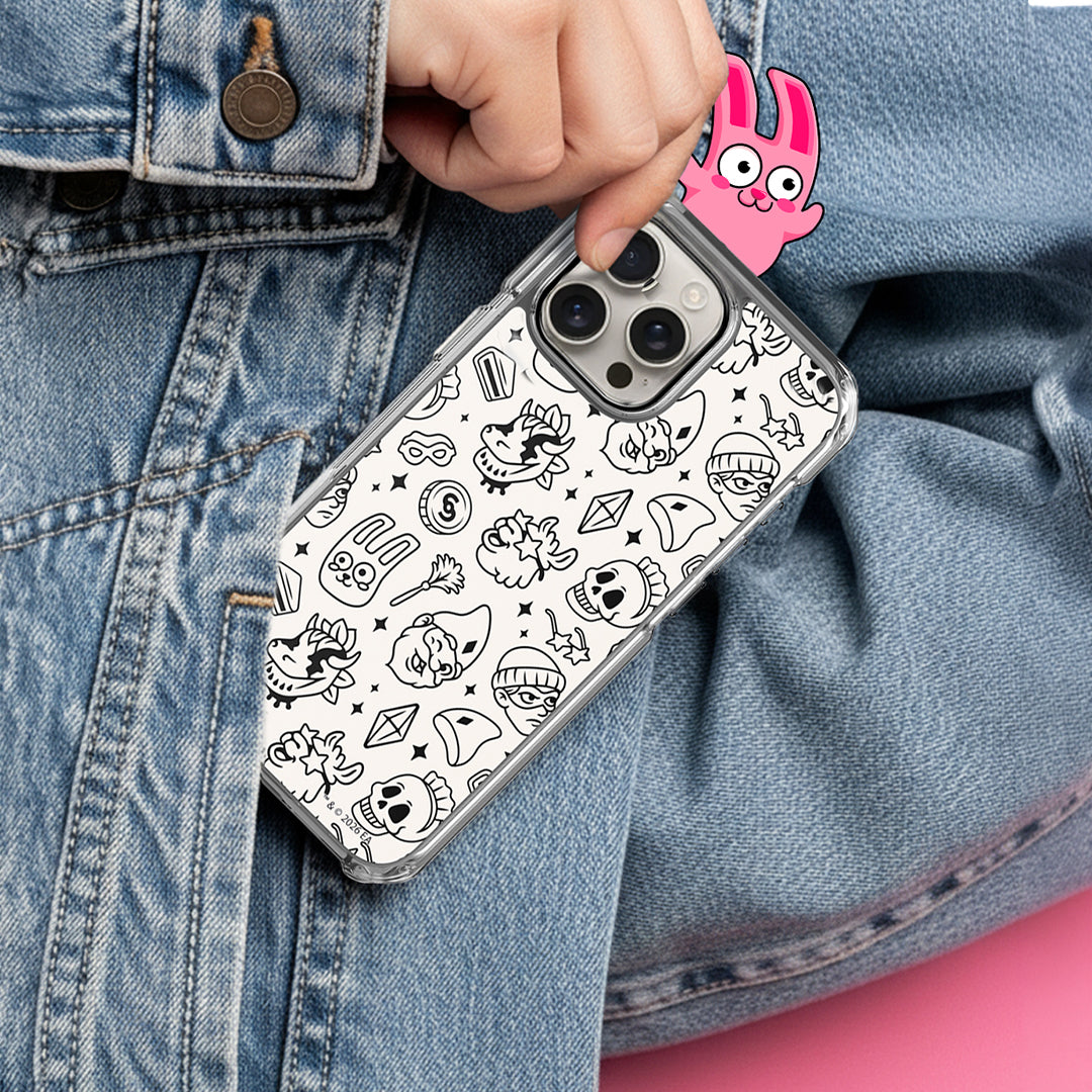 Phone case with black and white pattern held by a person wearing a denim jacket.
