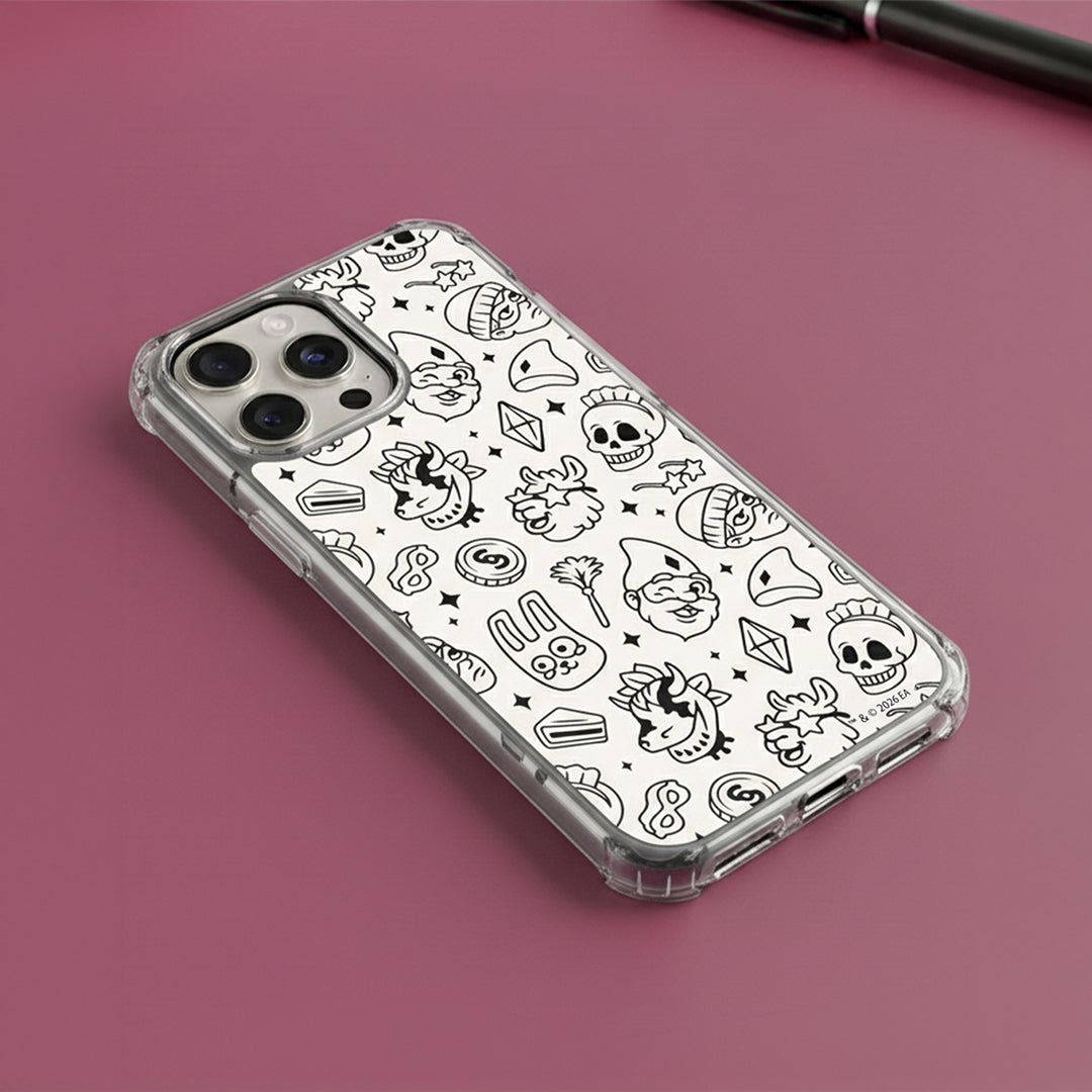 Phone case with black and white doodle design on a pink background