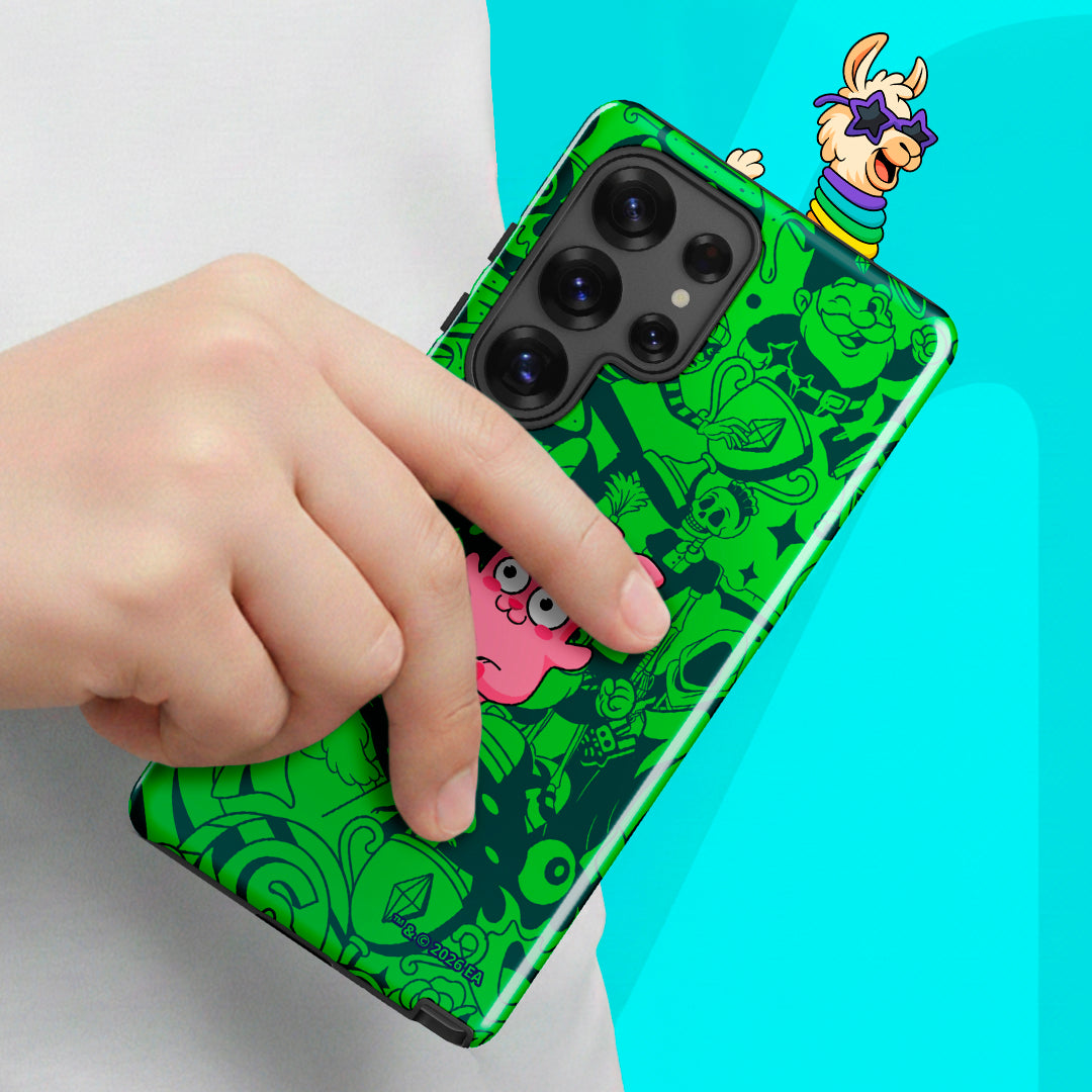 Green phone case with cartoon character design held by a hand on a light blue background