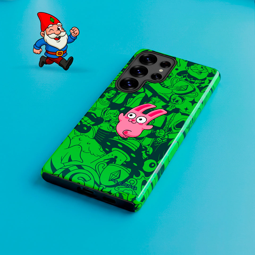 Phone case with cartoon character design on a blue background
