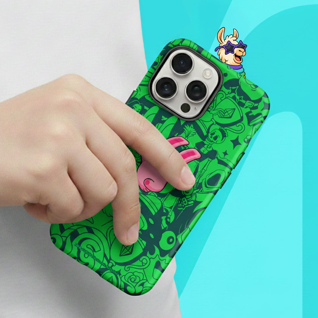 Green phone case with pink accents and a character on a blue and white background