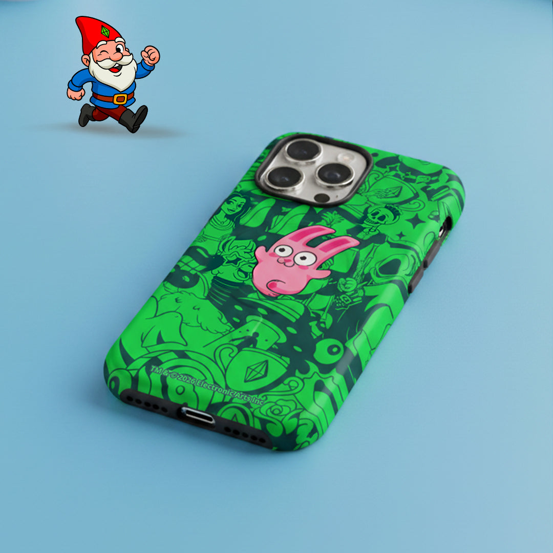 Green phone case with cartoon character on a blue background