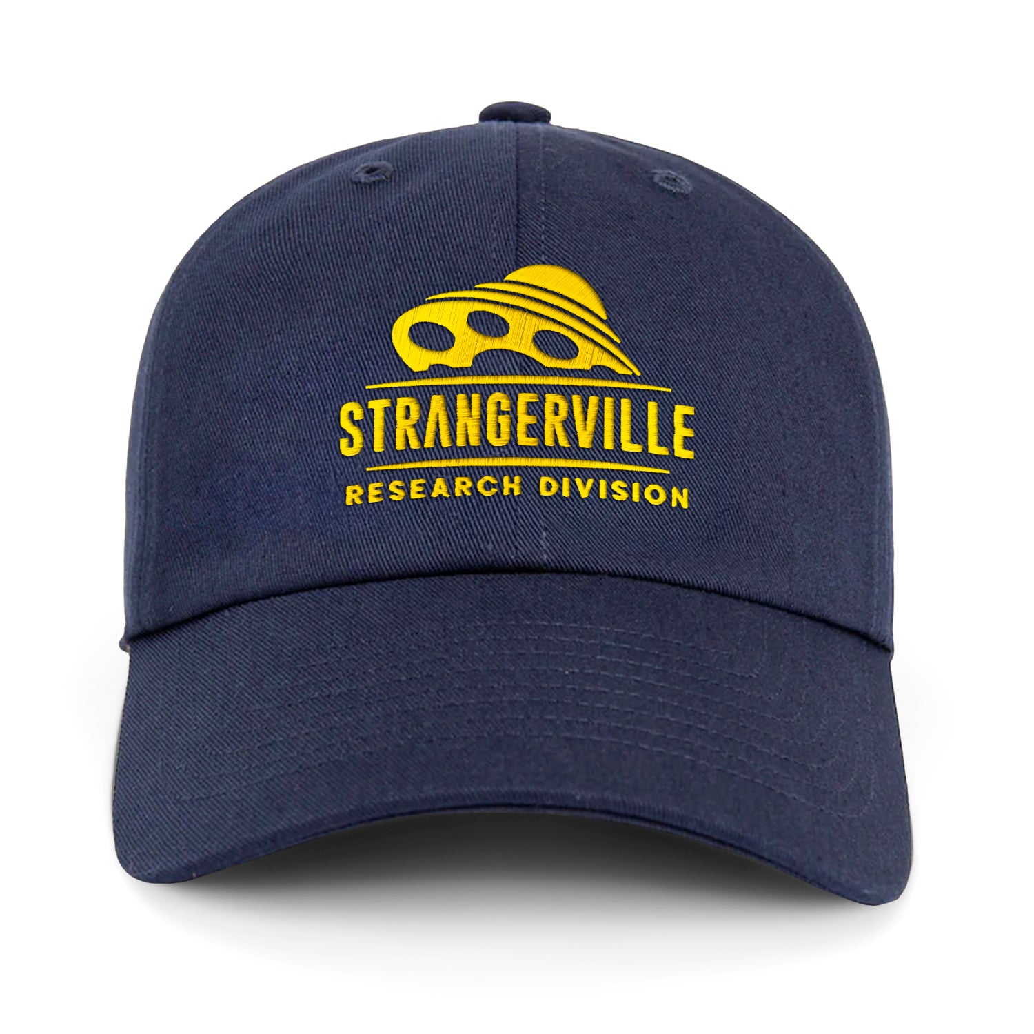 Navy blue cap with yellow 'Strangerville Research Division' logo on a white background