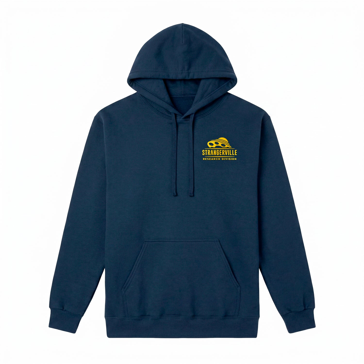 Navy blue hoodie with a logo on the chest against a white background
