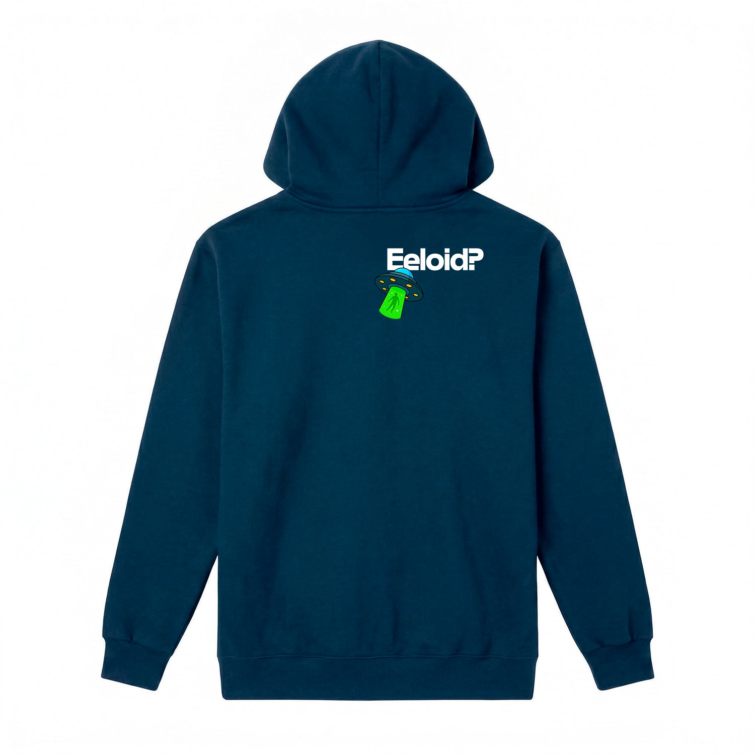 Navy blue hoodie with 'Eeold?' logo on the back against a white background