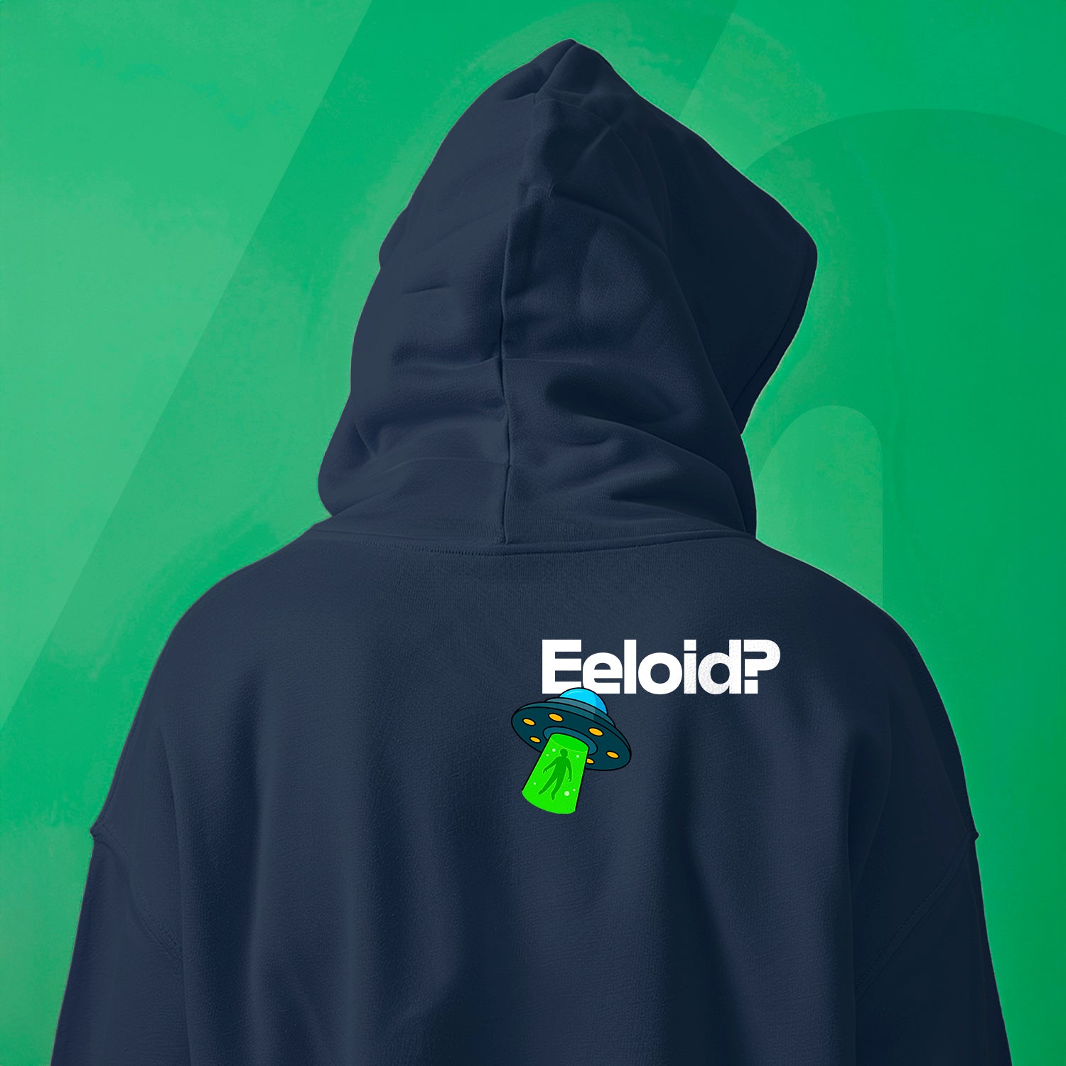 Navy hoodie with 'Feloid?' logo on the back against a green background