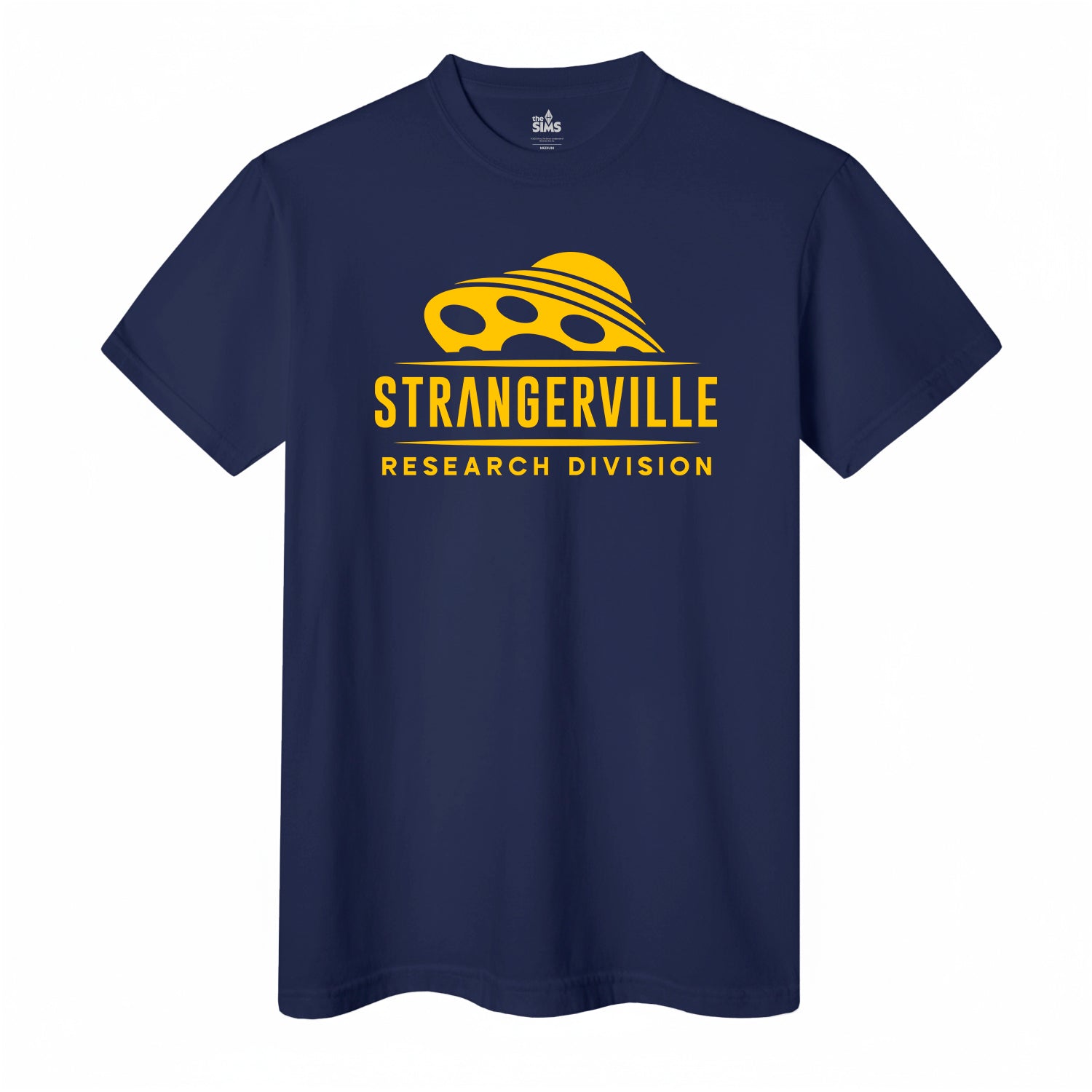Navy blue t-shirt with yellow 'Strangerville Research Division' graphic on a white background