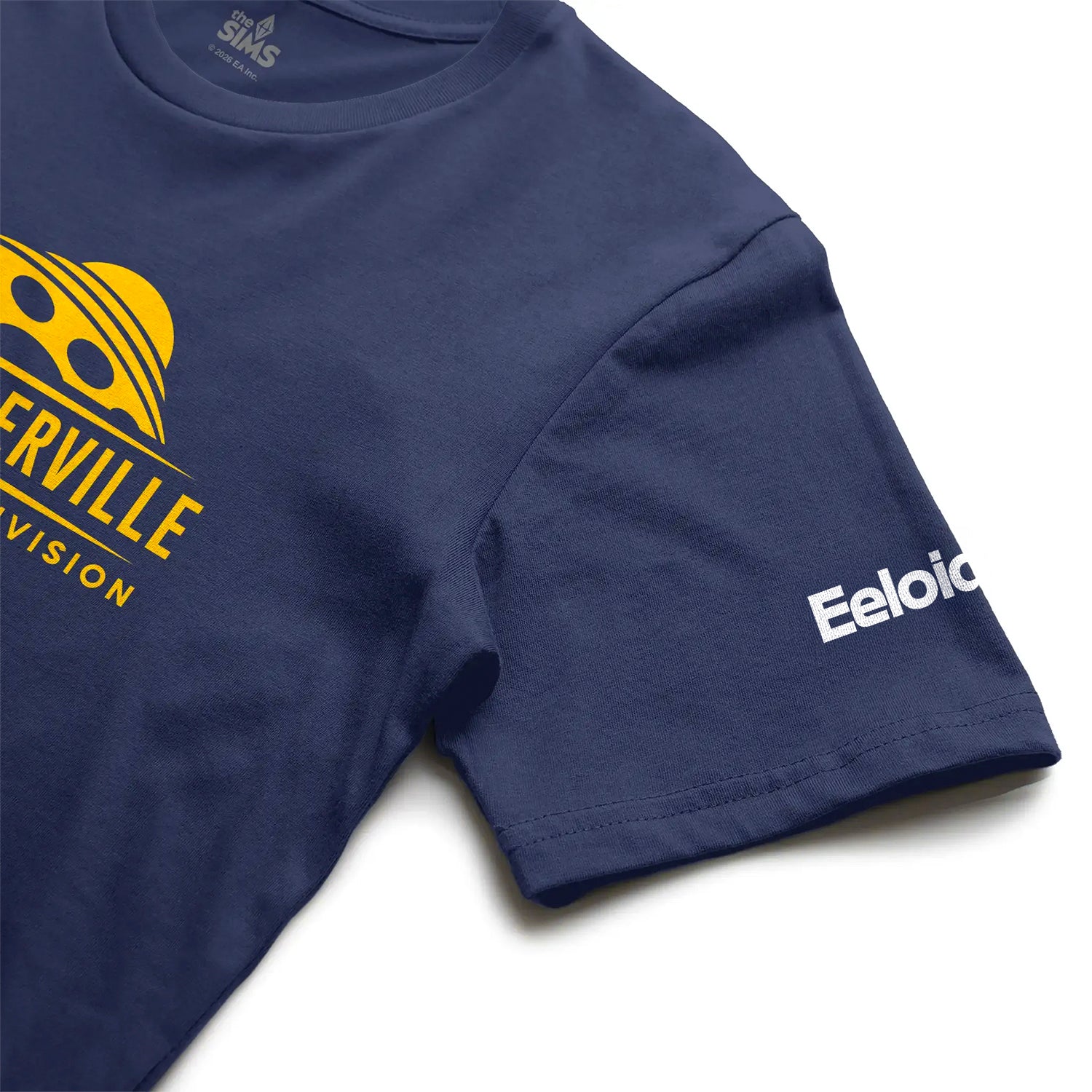 Navy blue t-shirt with yellow and white text on a white background